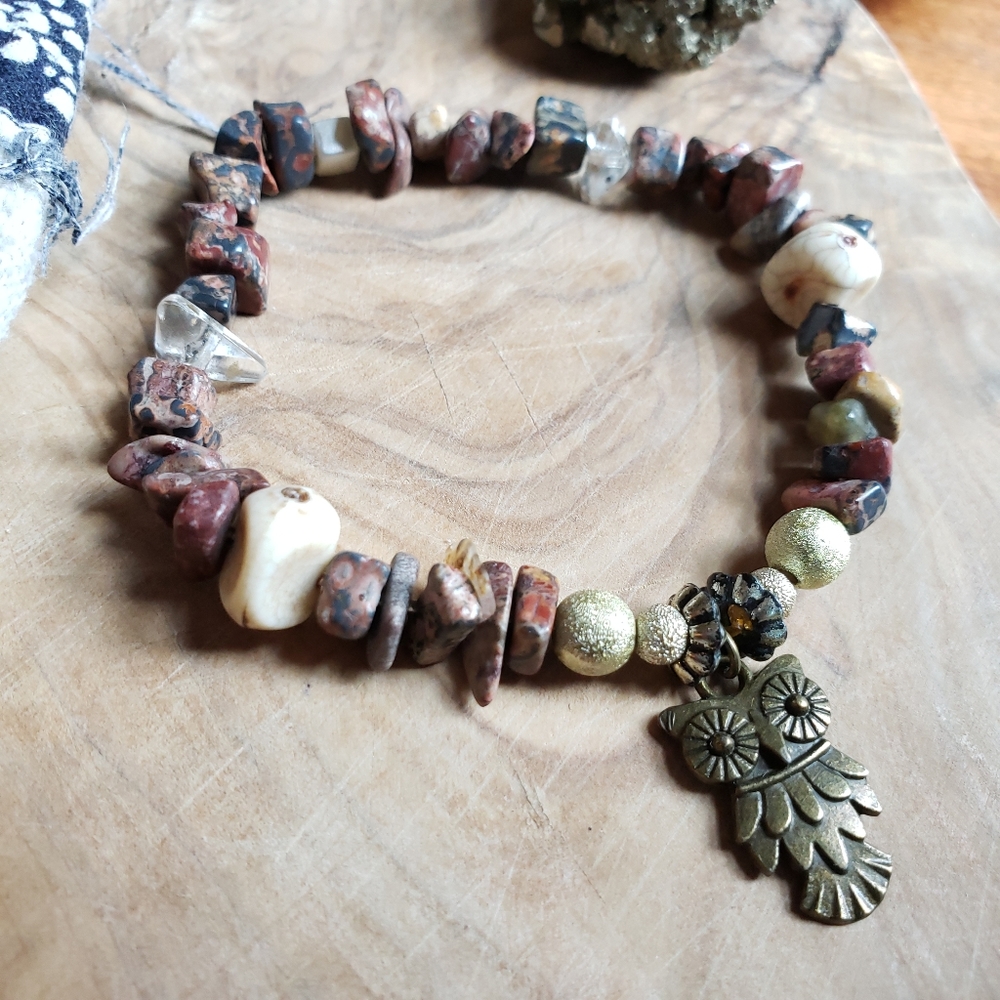 Handmade Boho Owl & Stones Stretch Boho Bracelet